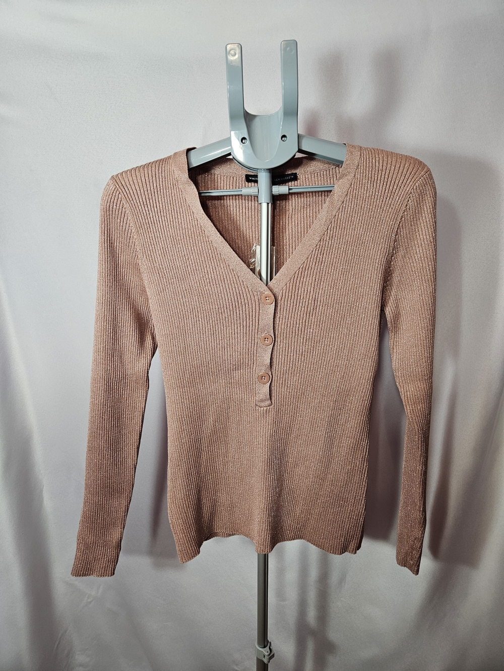 White House Black Market Ribbed Henley Long Sleeve Top - Rose